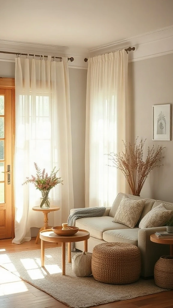 Floor-to-ceiling sheer linen drapes in soft off-white diffusing sunlight. - Cozy Cottage Sitting