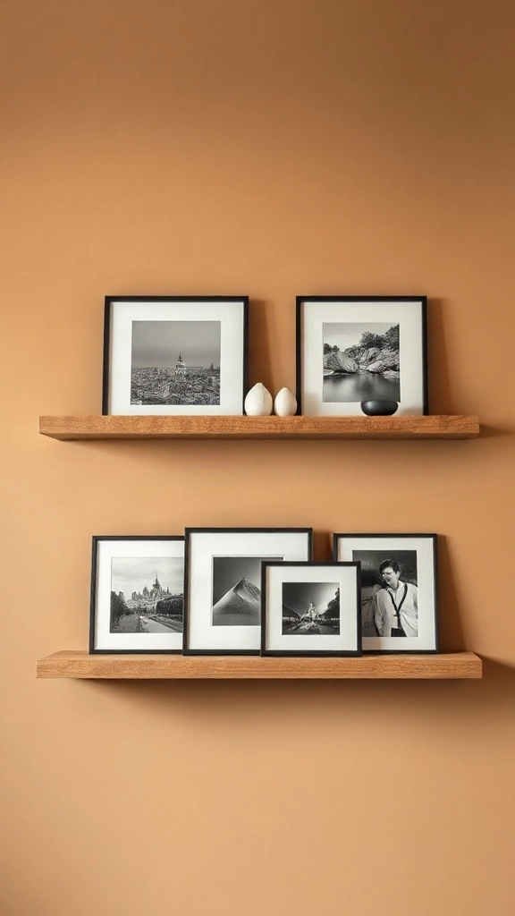 Dual parallel shallow oak picture rails displaying overlapping monochrome art on a plaster wall.
