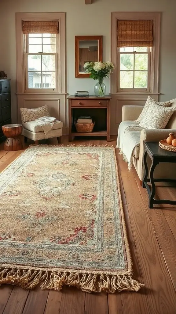 Neutral jute rug layered with a faded Persian runner in a cottage living space. - Cozy Cottage Sitting