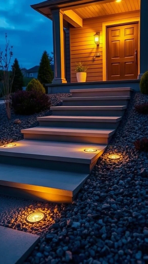 Low-profile LED path lights and soft step under-tread lighting illuminating a front entrance walkway at dusk.