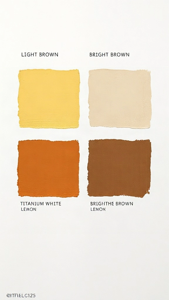 How to Mix Light Shades of Brown (Pastel, Tints & focuses on) Minimalist art studio color swatch card displaying light and bright brown pastel acrylic paint tones.