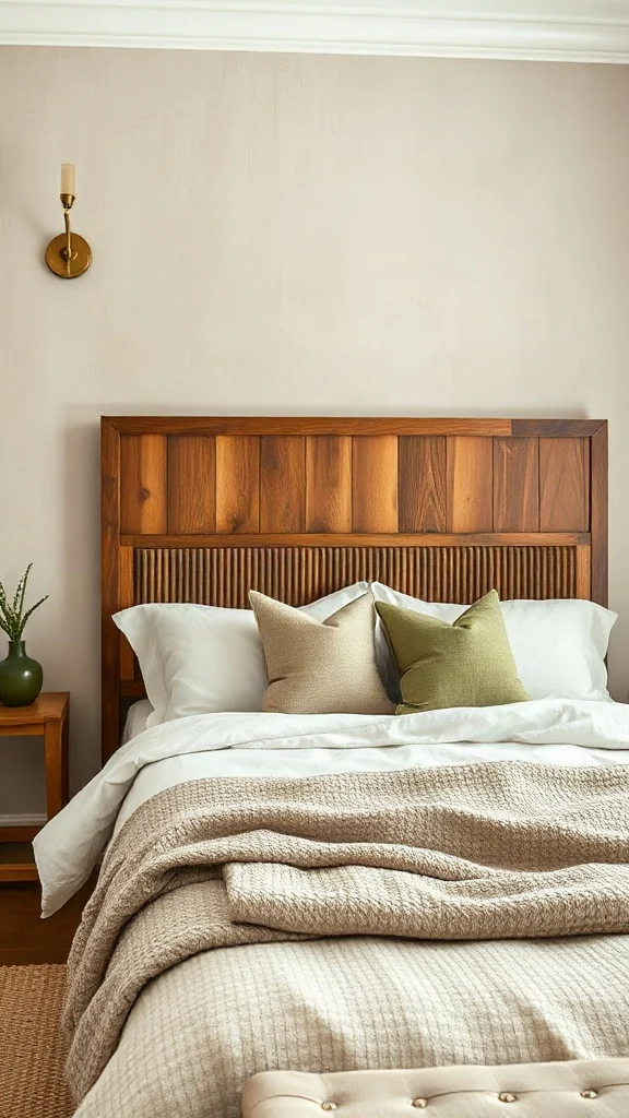 Cozy bedroom with textured beige limewash walls and a custom fluted oak headboard. - Inviting Home Design