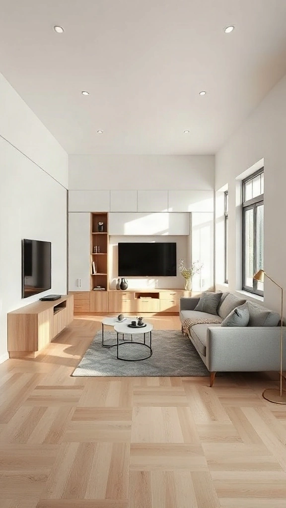 Ultra-minimalist linear white kitchen flowing into a living room media unit.