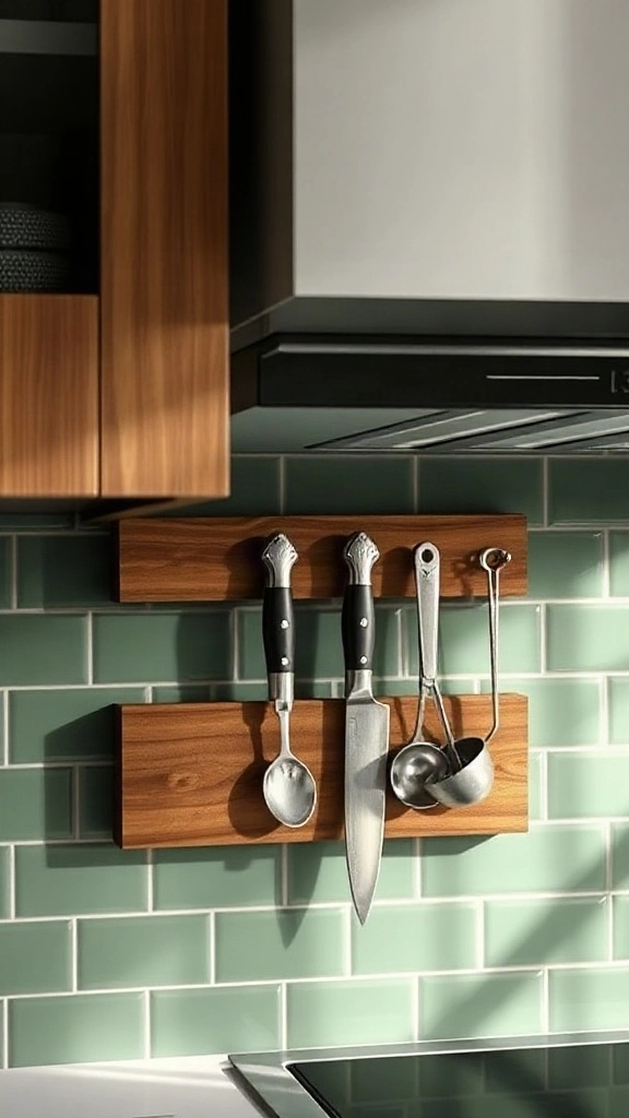 Walnut magnetic knife strip mounted under kitchen cabinets against a matte green tile backsplash. - Studio Apartment Kitchen