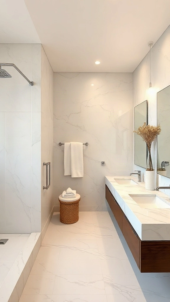 Continuous marble dado ledge spanning walls in a rectangular master bathroom layout.