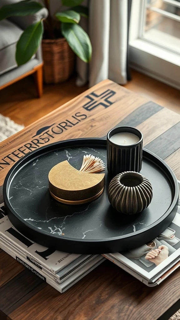Round black marble tray holding vintage brass accessories on a styled coffee table.