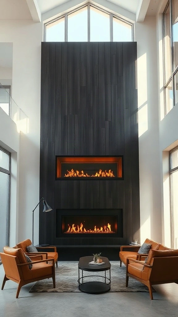 Two story fireplace ideas showcasing a double-height vertical matte black fluted wood panel chimney.