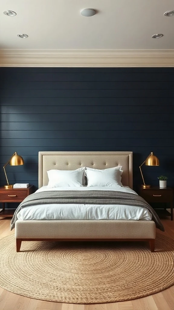 Horizontal matte navy shiplap accent wall behind an oatmeal upholstered bed - Navy Blue Bedroom