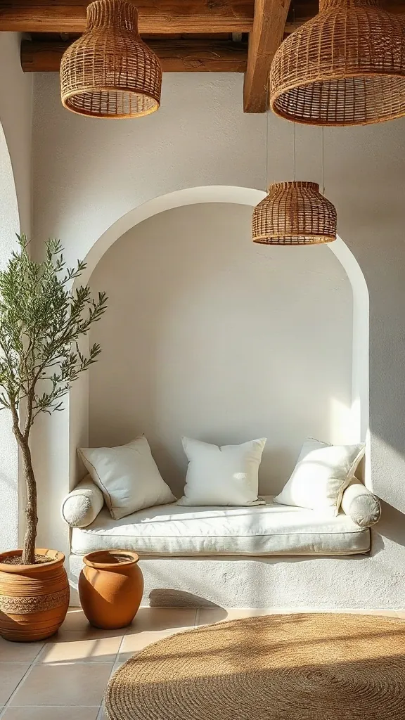 Built-in plaster daybed with white linen cushions and potted olive tree in sunlit room.
