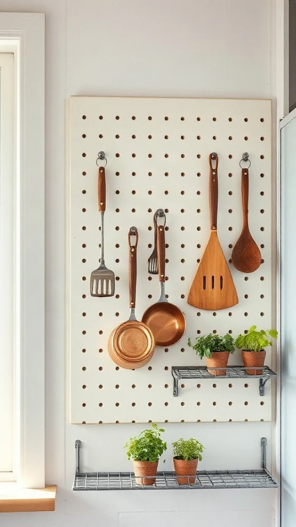 White metal pegboard mounted on a small kitchen wall organizing copper pans, utensils, and potted herbs. - Studio Apartment Kitchen