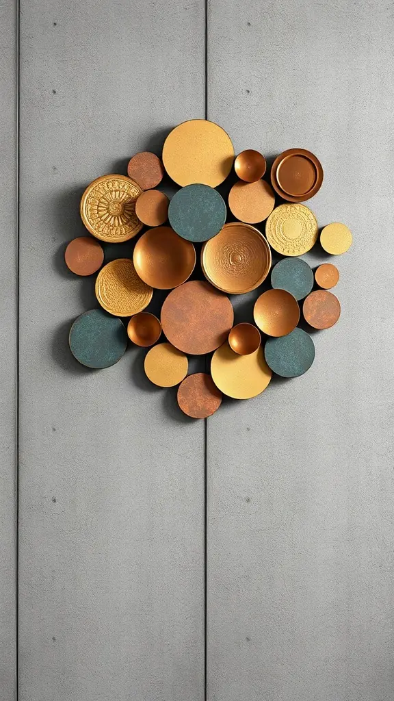 Cluster of patinated copper and brushed brass circular sculptural discs mounted on a concrete wall.