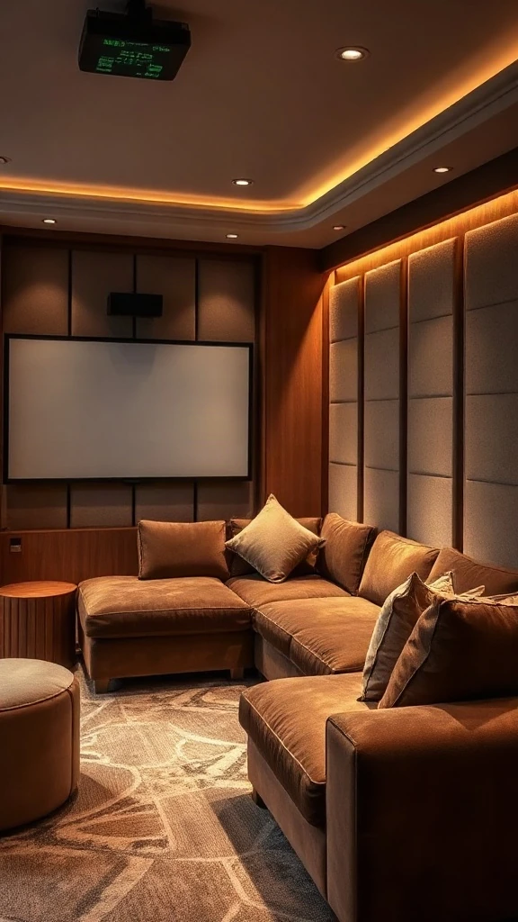 Boutique micro cinema lounge with velvet corner sectional and laser projector screen.