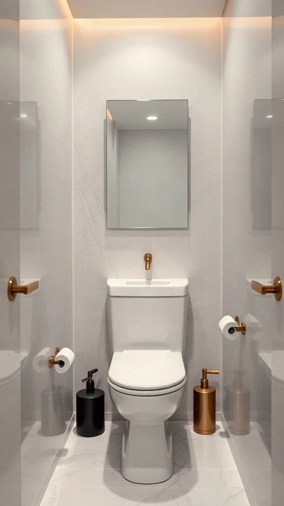 Compact micro powder room with a 45-degree corner toilet layout and slender trough sink. - Modern Water Closet Floor Plan Layout - Modern Toilet Floor Plan Layout - Small Toilet Andamp; Water Closet Floor Plan Layout Ideas