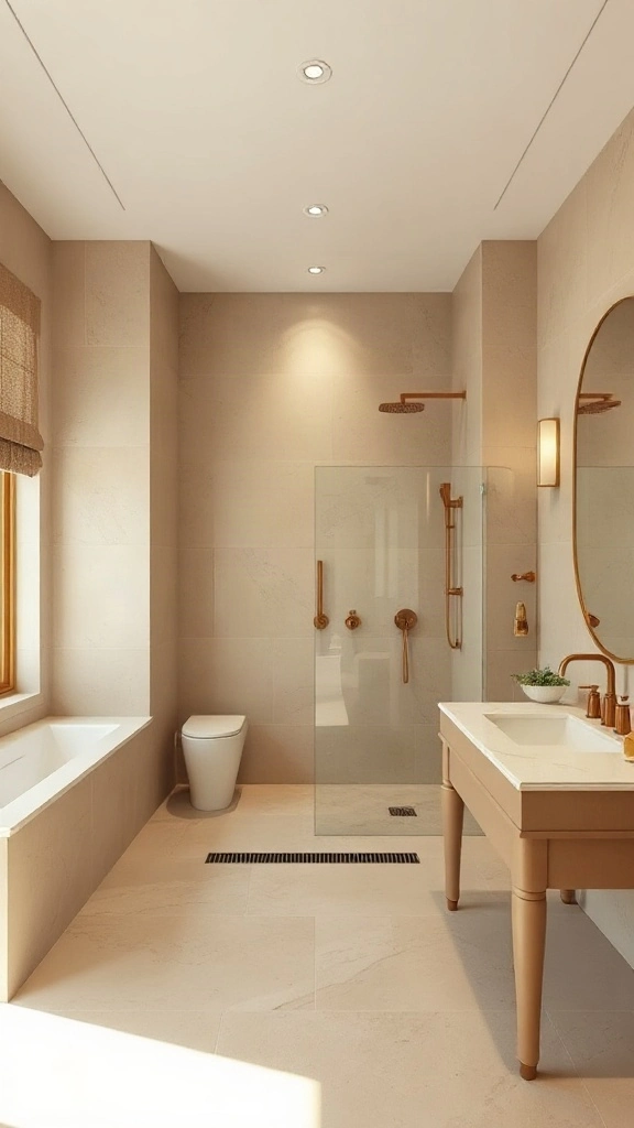 Seamless microcement wet corridor with trench drain in a rectangular master bathroom layout.