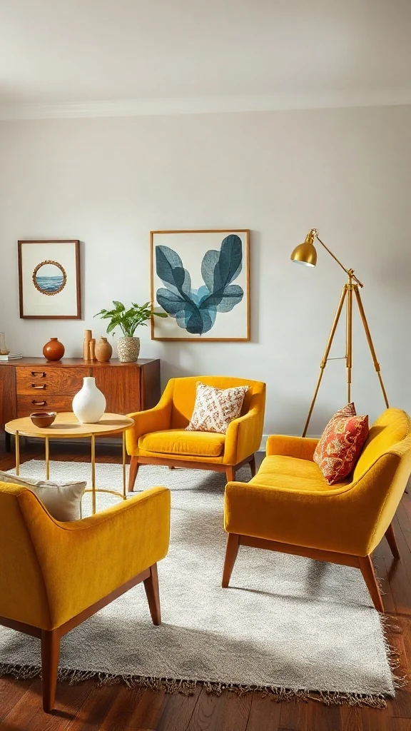 Mustard yellow velvet slipper chairs and teak credenza in a mid-century spare room.