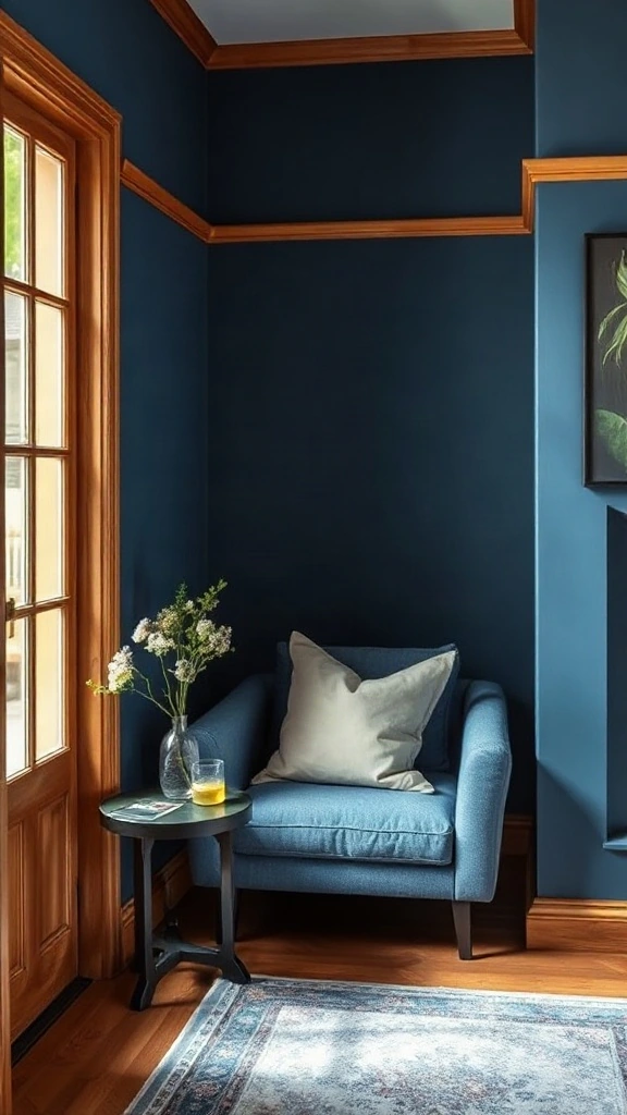 Cozy reading nook painted in deep midnight blue with warm oak trim. - Cozy Cottage Sitting