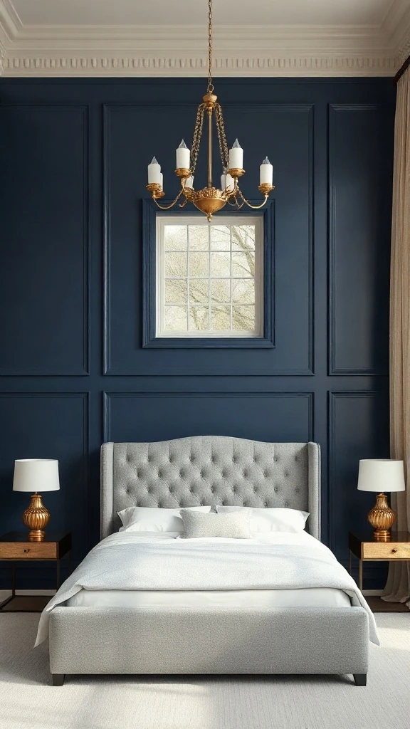 Midnight blue accent wall with classic picture-frame box moulding in an elegant bedroom - Navy Blue Bedroom