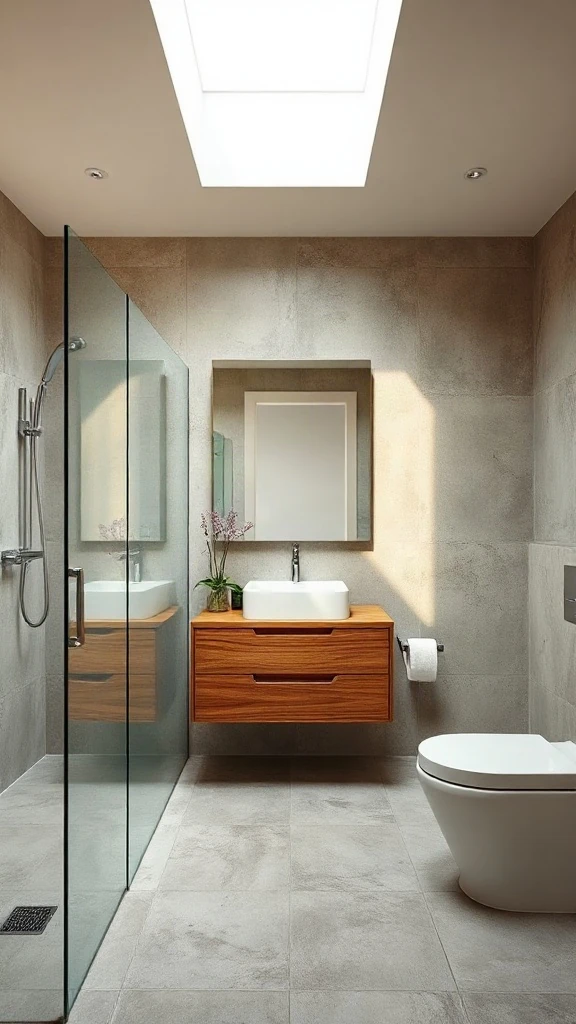 Zero-threshold curbless master bathroom layout with seamless micro-cement flooring. - Master Bathroom Layouts