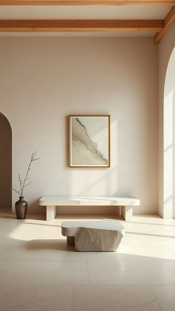 Minimalist living room with limewashed plaster walls and a sculptural travertine bench.