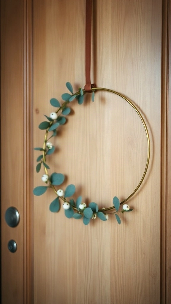 Minimalist brass hoop wreath with eucalyptus leaves hanging from a leather strap on a light wood front door.