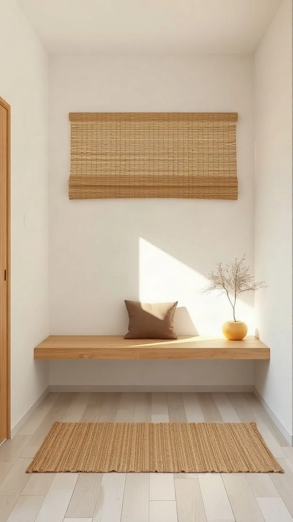 Limewash meditation room with floating wood bench and linen meditation cushion.