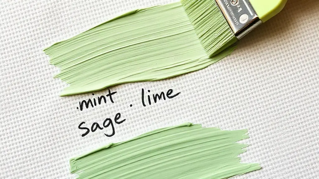 Swatches of mint, lime, and sage green paint on textured linen canvas with handwritten pencil labels. - Colors Make Green