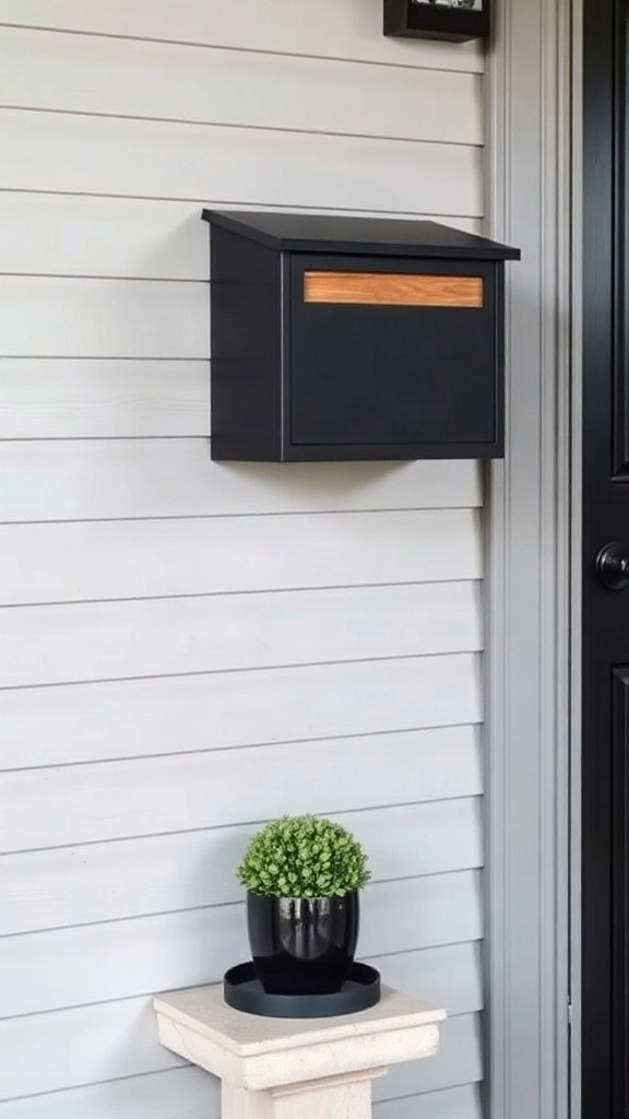 Sleek wall-mounted matte black mailbox with a natural wood accent panel installed on light gray siding.
