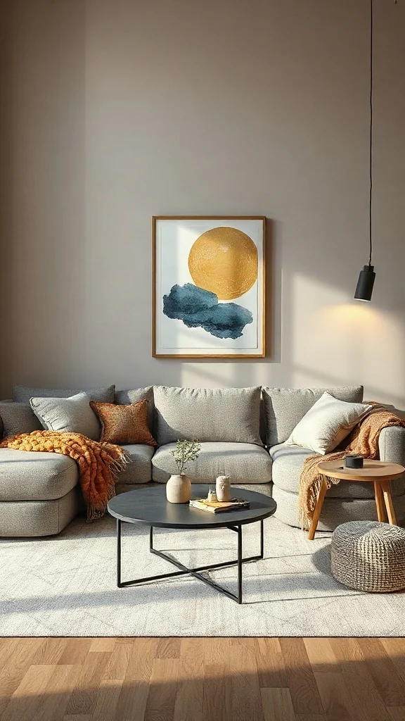 Warm grey boucle modular pit sectional with low coffee table in a modern lounge.