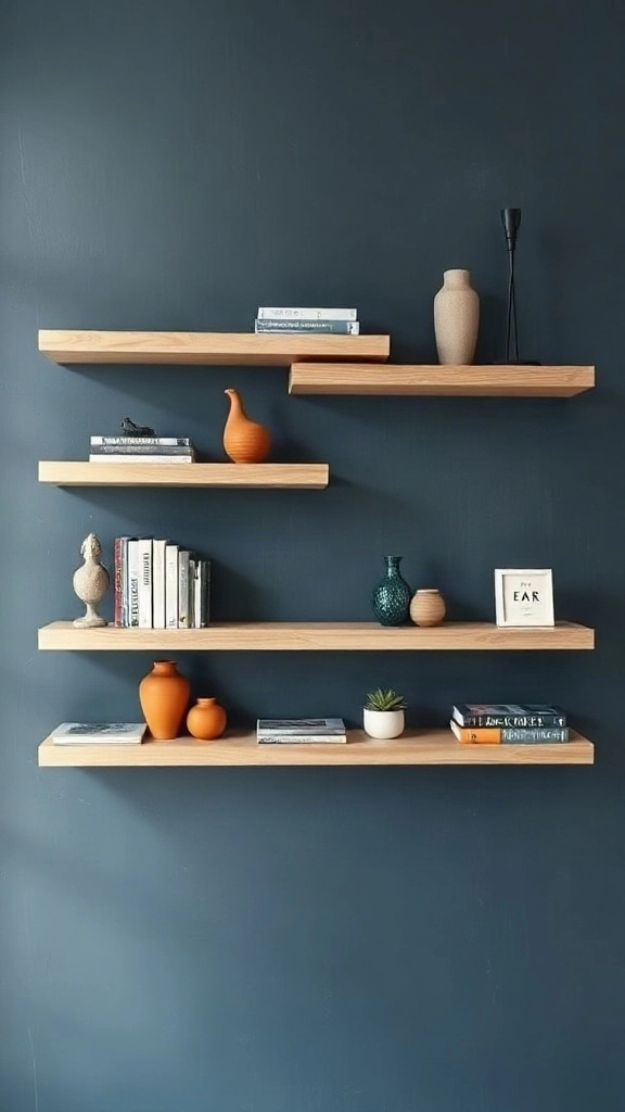 Asymmetrical floating white oak shelves styled with pottery and books on a moody slate blue accent wall.