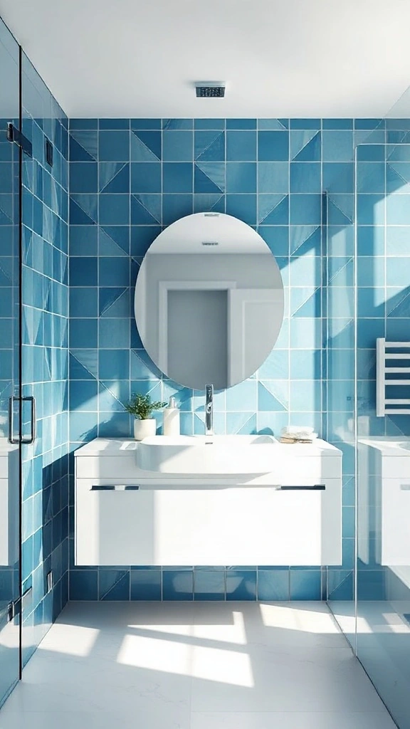 Moen Digital Bathroom Creator Contemporary blue tile bathroom with floating white vanity planned via online bath design tool
