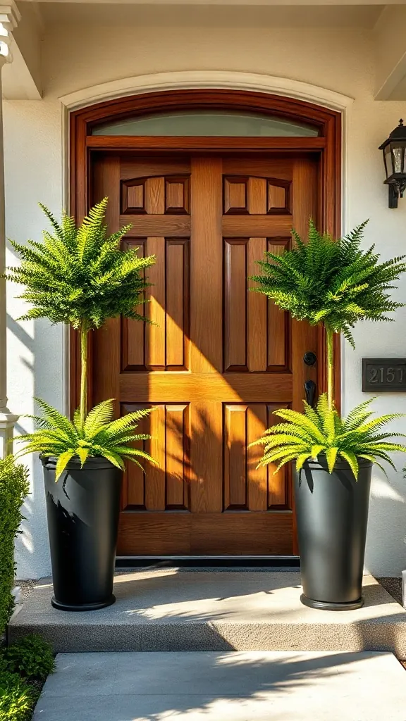 Two tall matte black cylindrical planters filled with lush green ferns framing a warm wood front door.