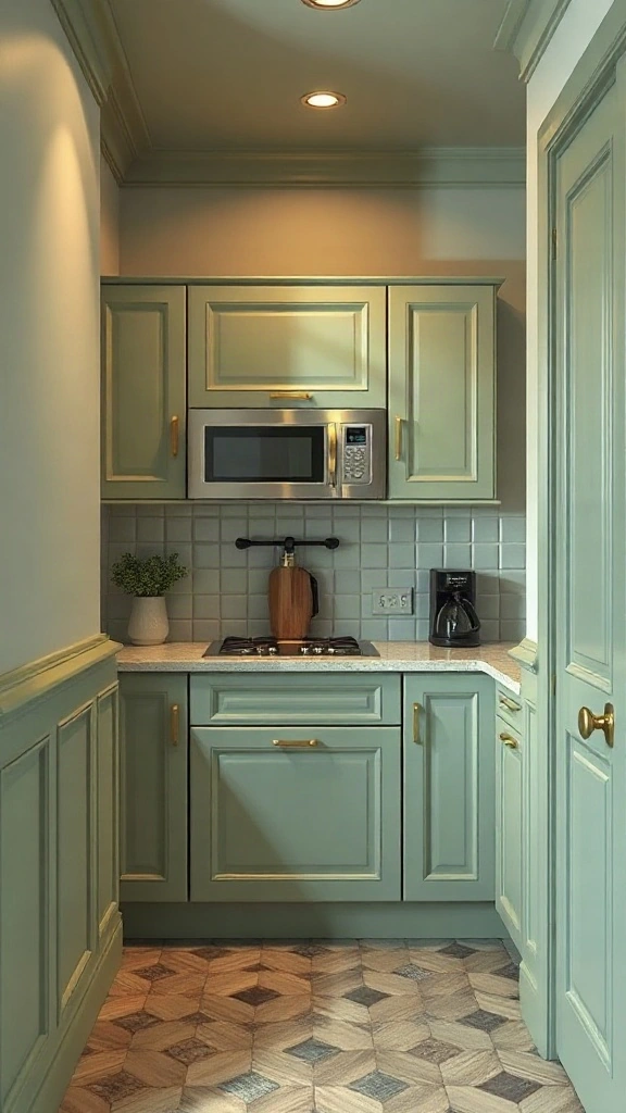 Monochromatic sage green kitchenette with continuous paint across cabinetry, walls, and trim. - Studio Apartment Kitchen