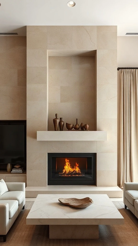 Two story fireplace ideas featuring a monolithic beige Roman travertine stone wall.
