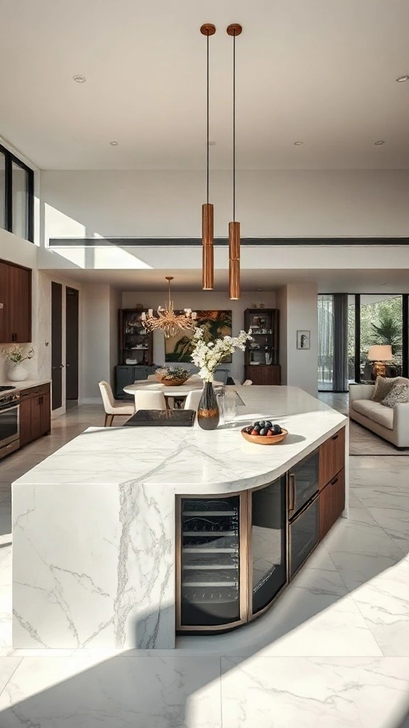 Calacatta marble waterfall island with integrated wine fridge facing living room.
