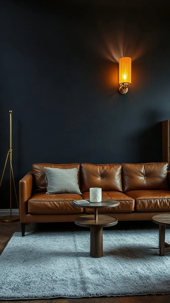 Evening interior with deep charcoal matte walls and a low-slung caramel leather sofa.