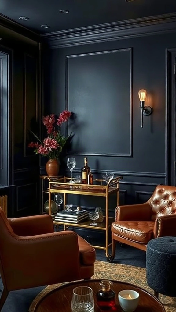 Navy blue speakeasy cocktail corner with cognac leather chairs and brass bar cart.