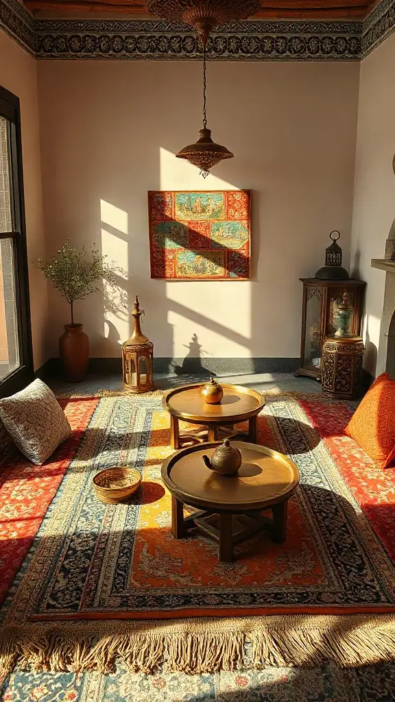 Layered Berber rugs and terracotta floor cushions in a Moroccan spare room lounge.