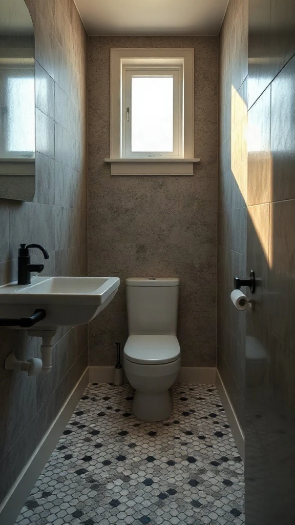 Narrow bathroom toilet layout with commode placed under a frosted window at the far wall. - Modern Water Closet Floor Plan Layout - Modern Toilet Floor Plan Layout - Toilet & Water Closet Floor Plan Layout - Small Toilet Andamp; Water Closet Floor Plan Layout Ideas