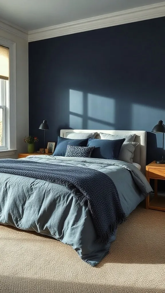 Navy accent wall in bedroom paired with layered slate grey and marine blue linen bedding - Navy Blue Bedroom