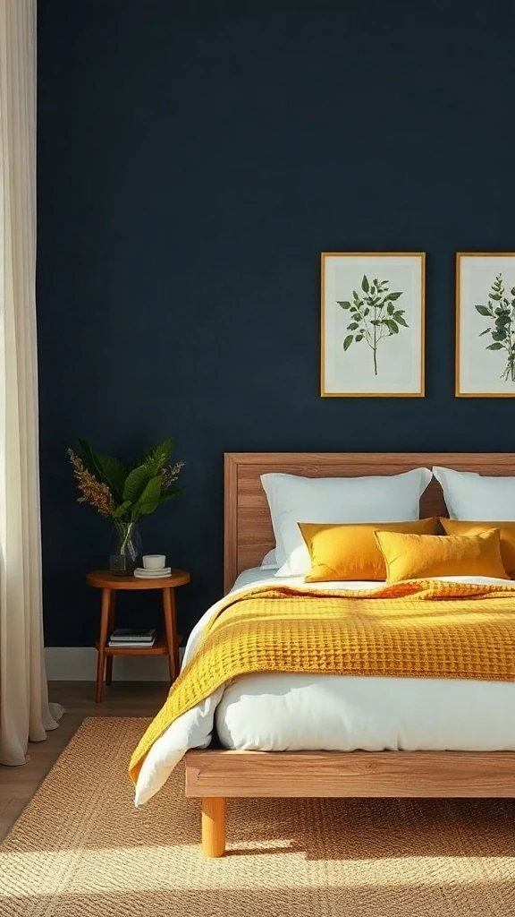 Deep navy bedroom accent wall styled with sunny yellow cushions and moss green botanical accents - Navy Blue Bedroom