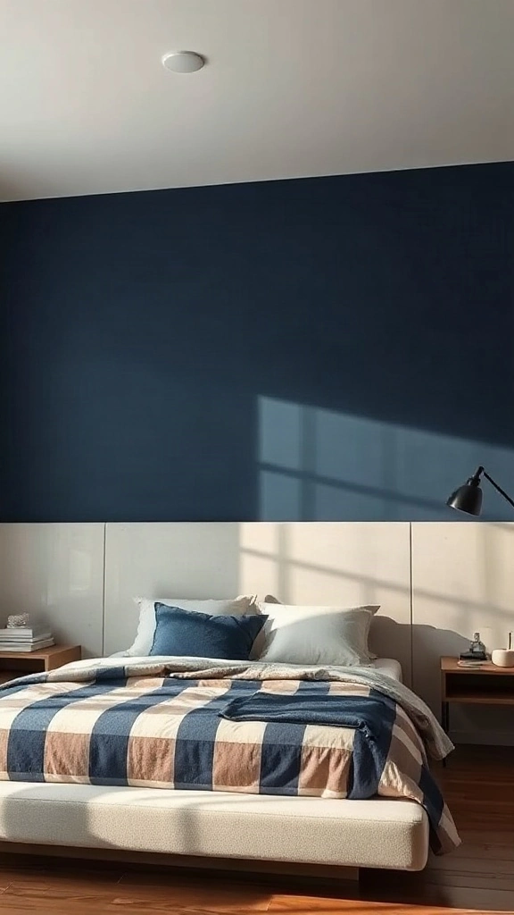 Deep navy accent wall extending onto the bedroom ceiling above a low platform bed - Navy Blue Bedroom