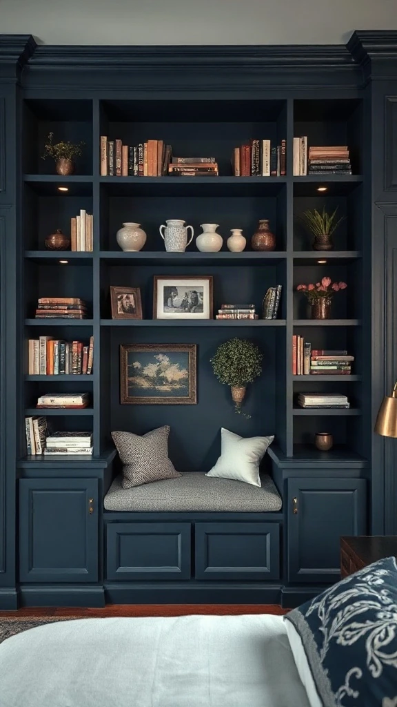Custom floor-to-ceiling built-in bookcase wall painted in saturated dark navy blue - Navy Blue Bedroom
