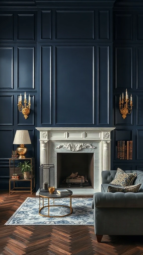 Two story fireplace ideas featuring a geometric box wainscoting accent wall in navy.