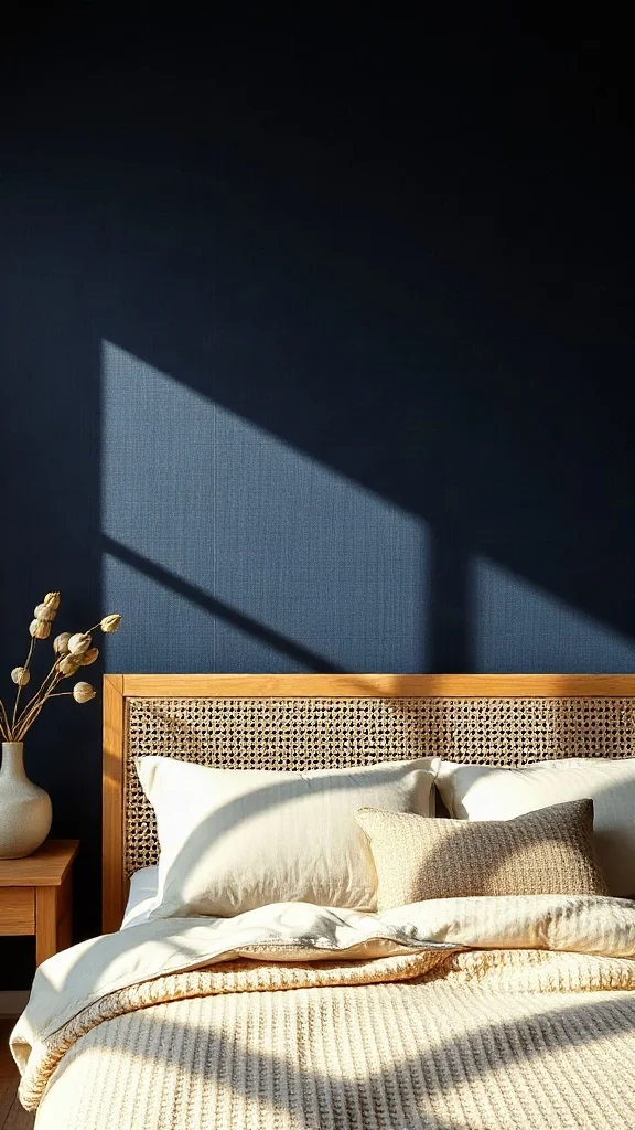 Textured navy grasscloth wallpaper accent wall behind a woven cane and ash wood bed - Navy Blue Bedroom