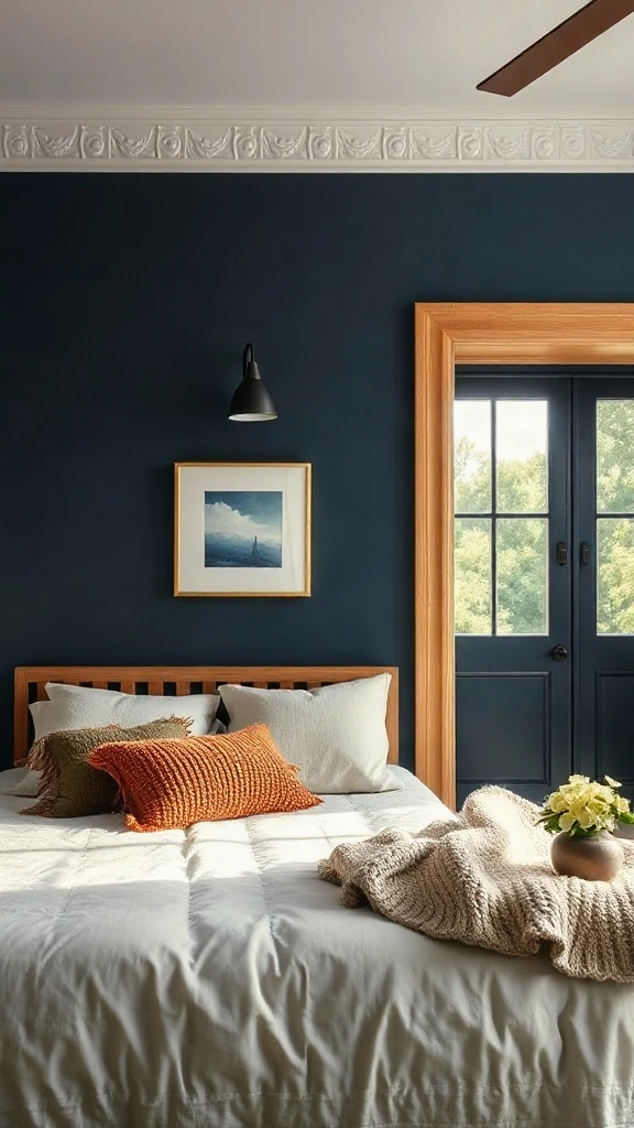 Velvety navy blue limewash accent wall finished with raw natural oak trim in bedroom - Navy Blue Bedroom