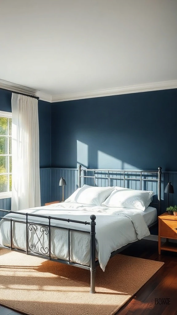 Two-tone bedroom wall with navy painted beadboard wainscoting beneath chalk white paint - Navy Blue Bedroom