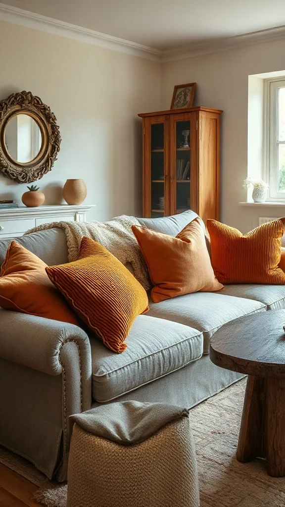 Deep ochre velvet and wide-wale corduroy throw pillows on a neutral sofa. - Cozy Cottage Sitting