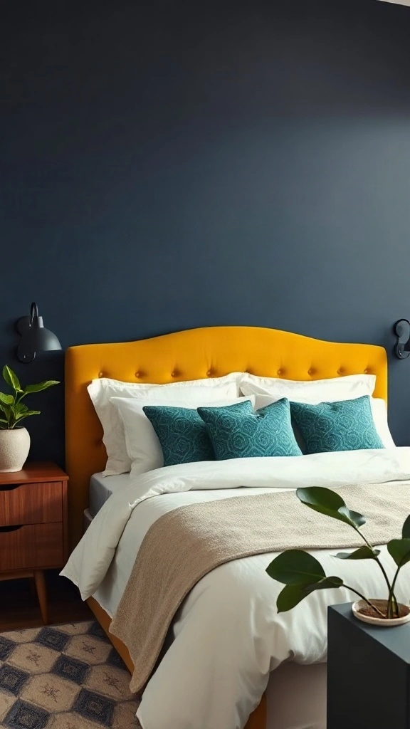 Rich mustard yellow velvet headboard set against a deep matte navy accent wall in bedroom - Navy Blue Bedroom