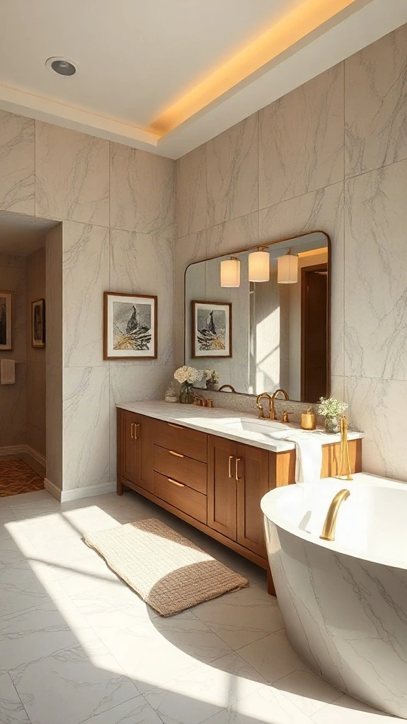 Master bathroom layout displaying a striking peninsula vanity jutting out from the lateral wall. - Master Bathroom Layouts