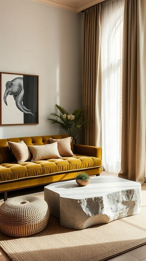 Rich olive green tufted velvet daybed styled in a luxurious living room vignette.